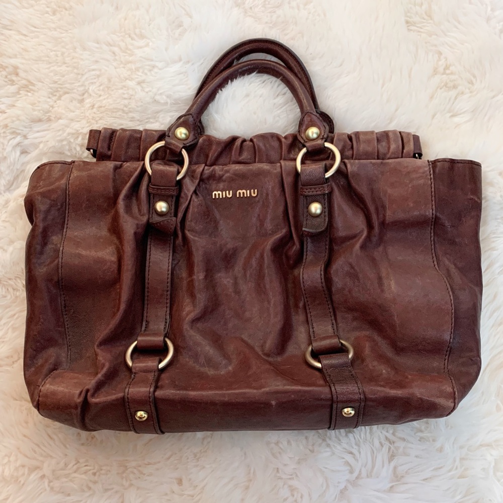 MIU MIU Vitello Lux Leather Gathered Tote Bag